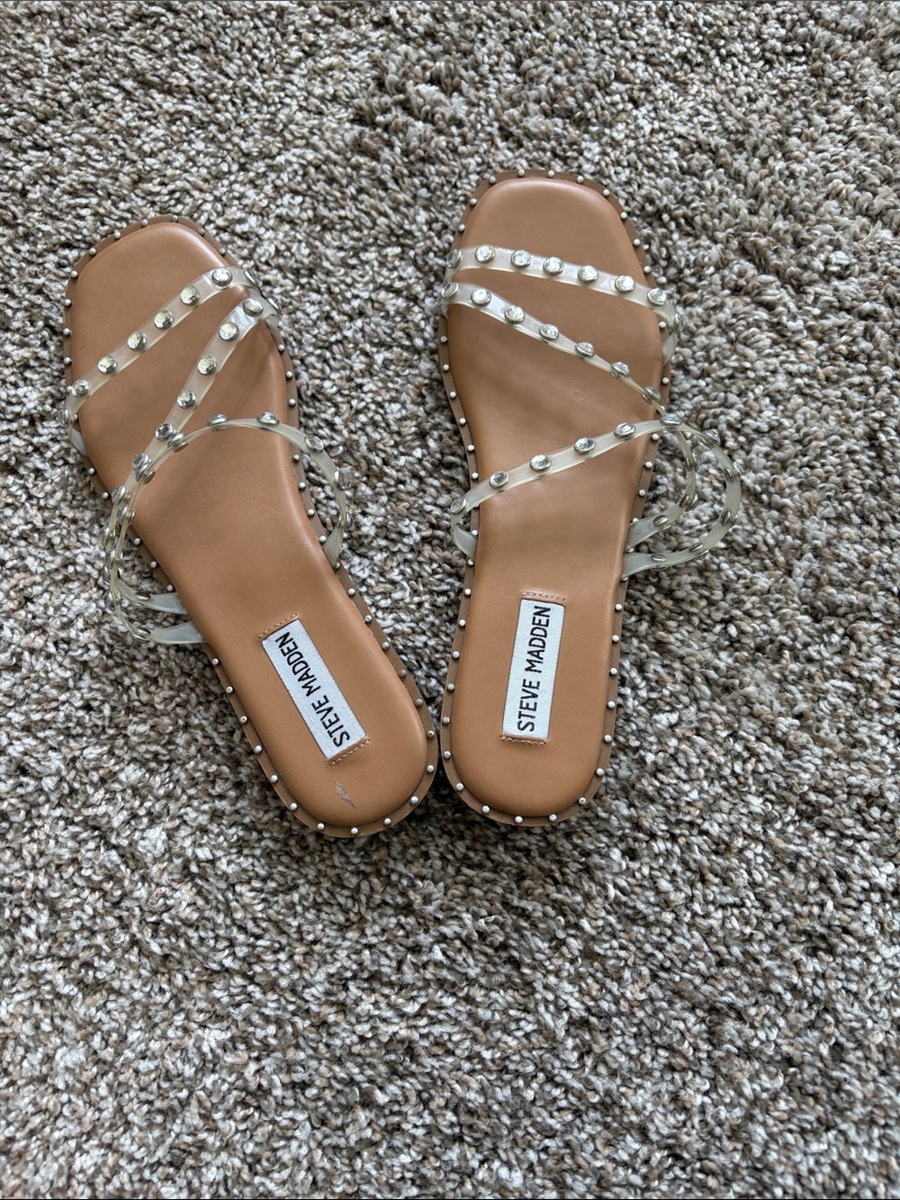 Steve Madden Tan Slide Sandals with Clear Studded Straps